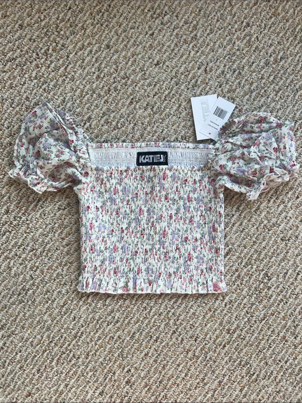 Katie J NYC MarleeCream Floral Smocked Puff Sleeve Crop Top with Pink & Lavender